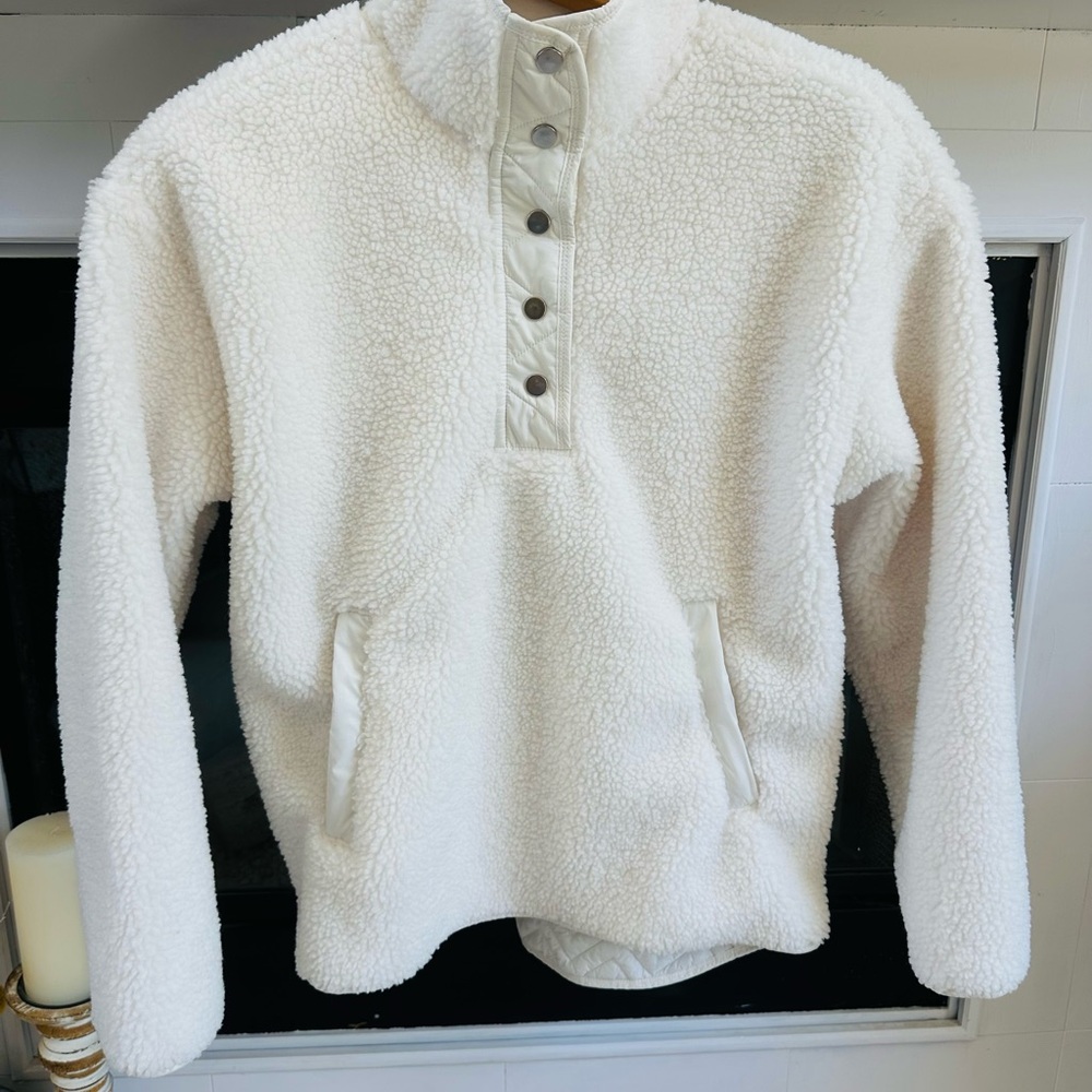 Athleta Cozy Sherpa Snap Sweatshirt Magnolia White Oversized Medium